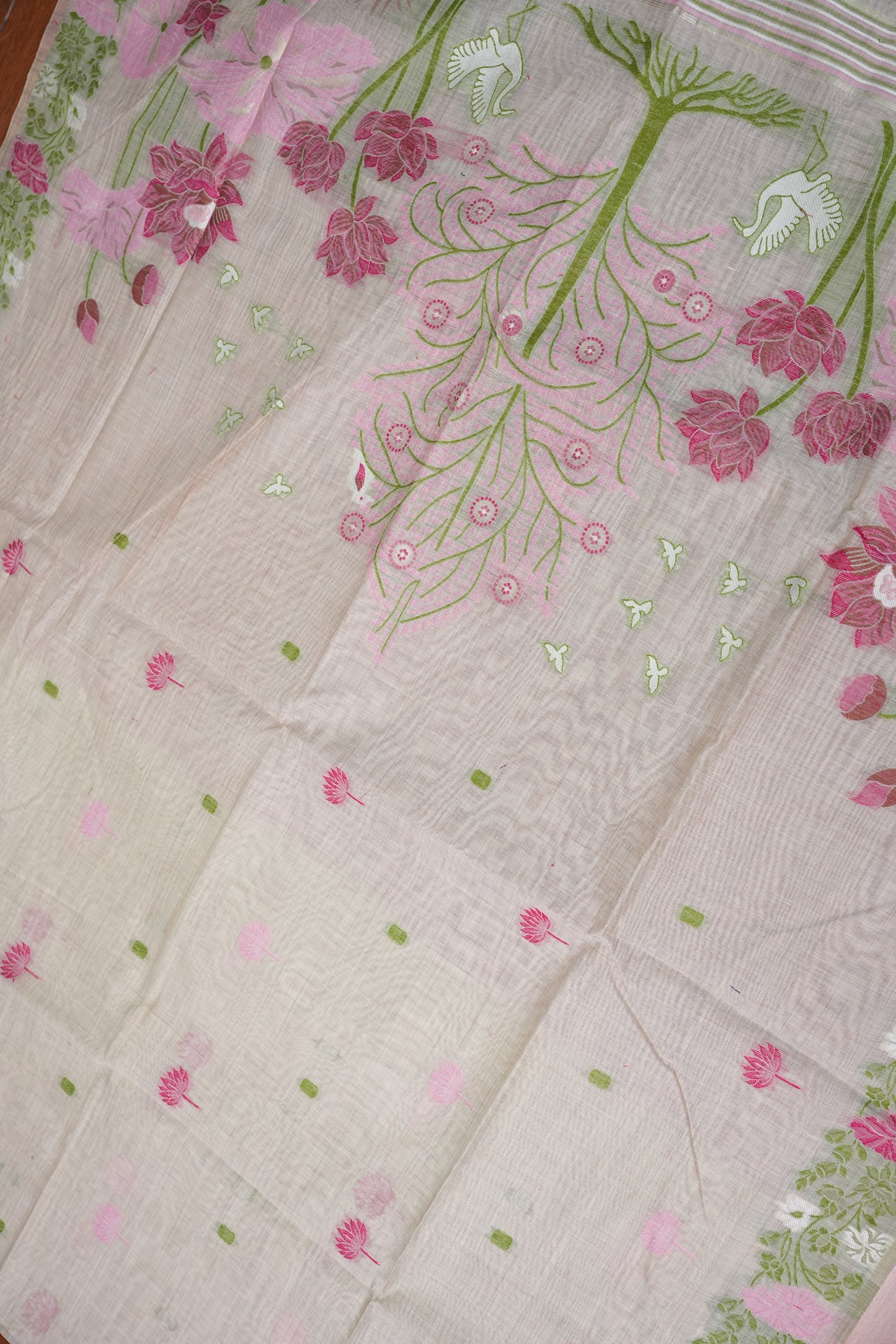 Pure Khaddi Cotton Saree with Floral & Peacock Woven Pallu – Ivory & Pink