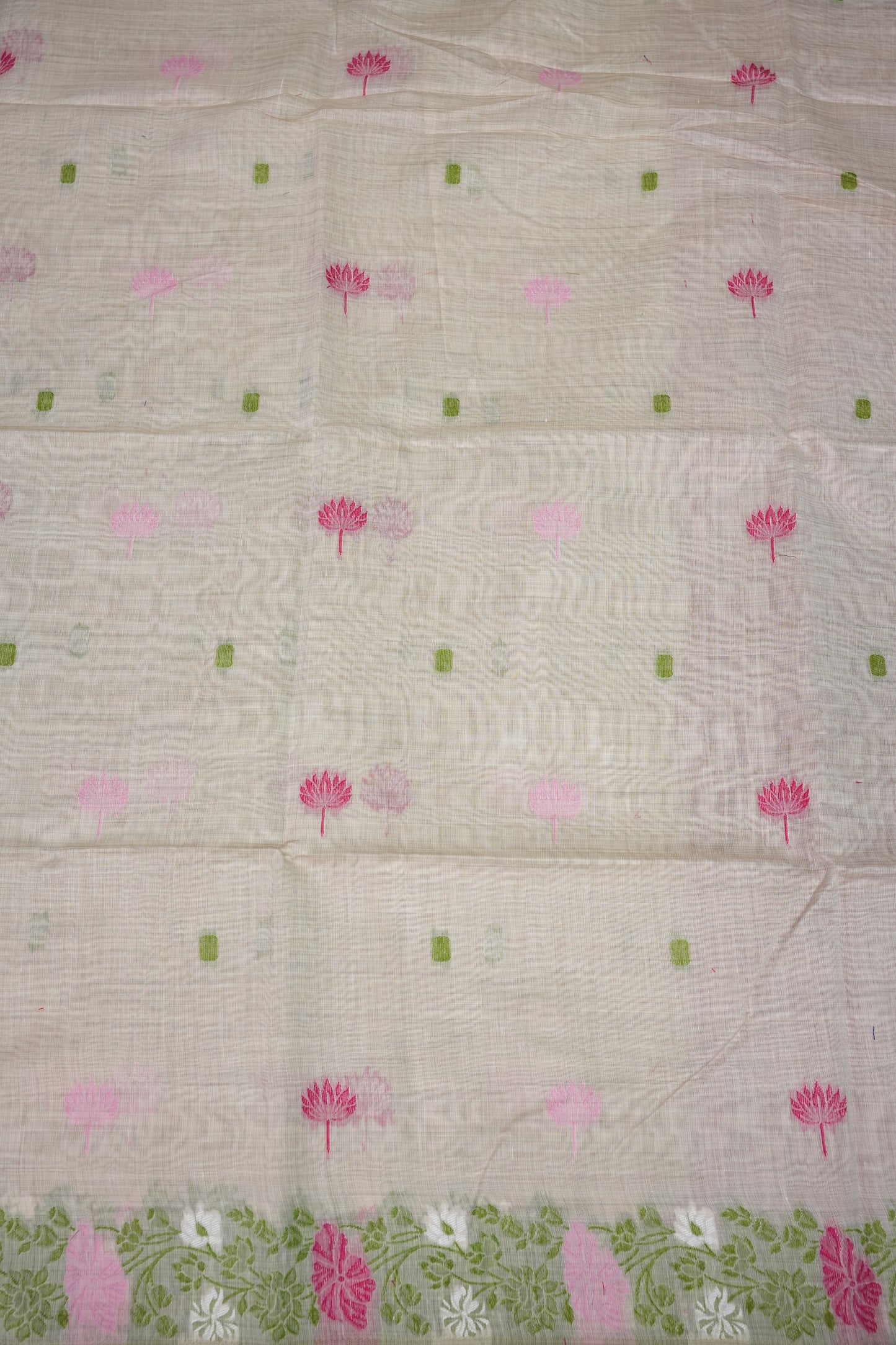 Pure Khaddi Cotton Saree with Floral & Peacock Woven Pallu – Ivory & Pink