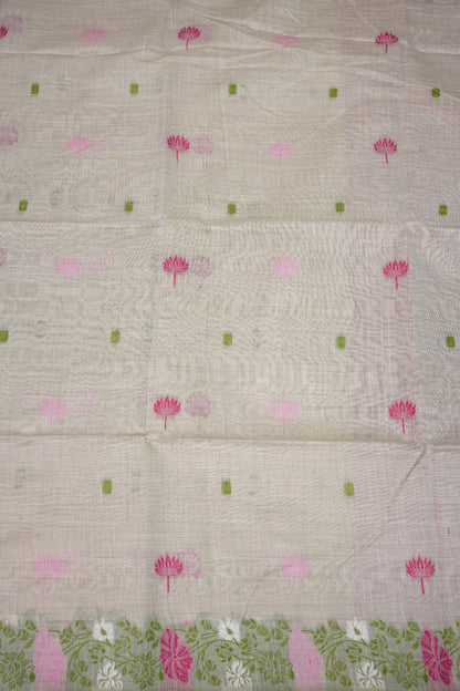 Pure Khaddi Cotton Saree with Floral & Peacock Woven Pallu – Ivory & Pink