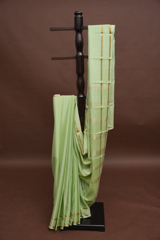 Plain Pure Crepe Mysore Silk Saree in Pistachio Green With Self Retta Pet Border