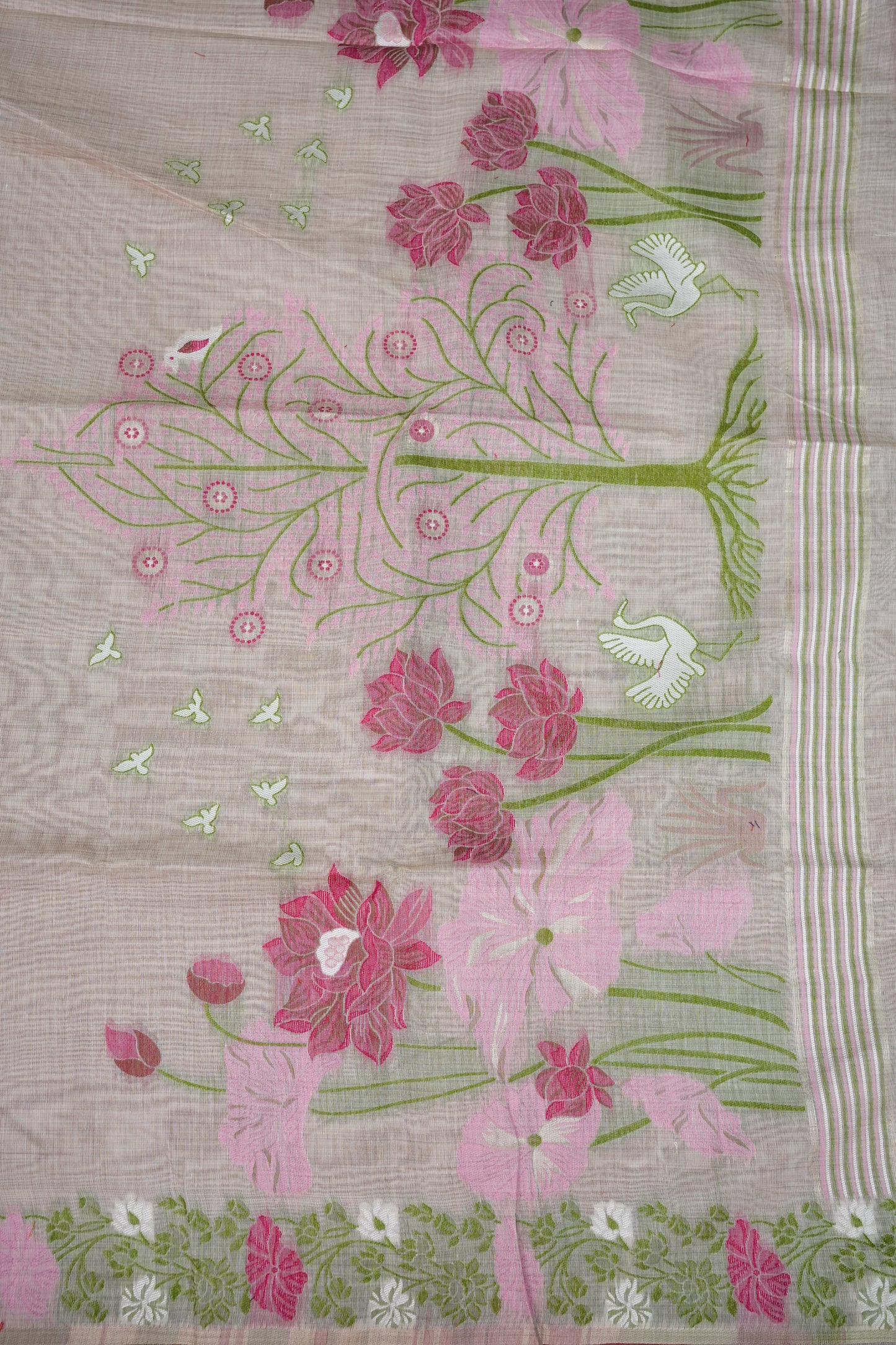 Pure Khaddi Cotton Saree with Floral & Peacock Woven Pallu – Ivory & Pink