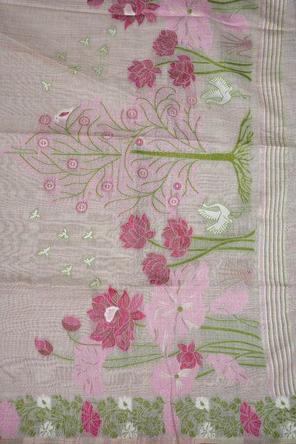 Pure Khaddi Cotton Saree with Floral & Peacock Woven Pallu – Ivory & Pink