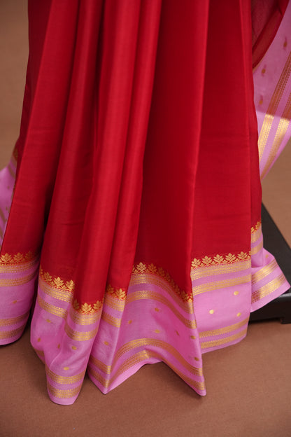 Plain Pure Crepe Mysore Silk Saree in Scarlet Red With Contrast Baby Pink Pallu & Blouse