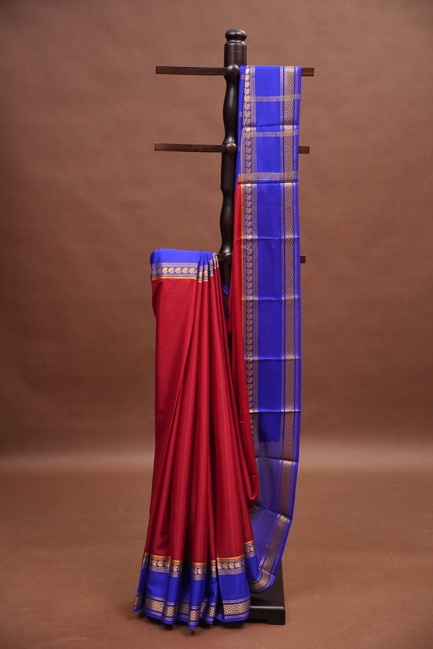 Pure Crepe Mysore Silk Saree - Deep Red & Blue