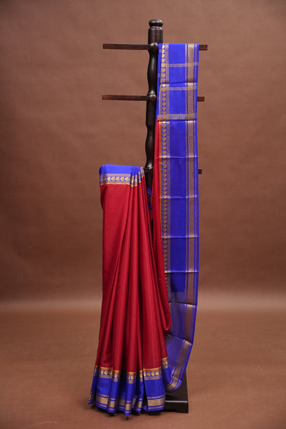 Pure Crepe Mysore Silk Saree - Deep Red & Blue