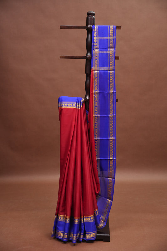 Pure Crepe Mysore Silk Saree - Deep Red & Blue