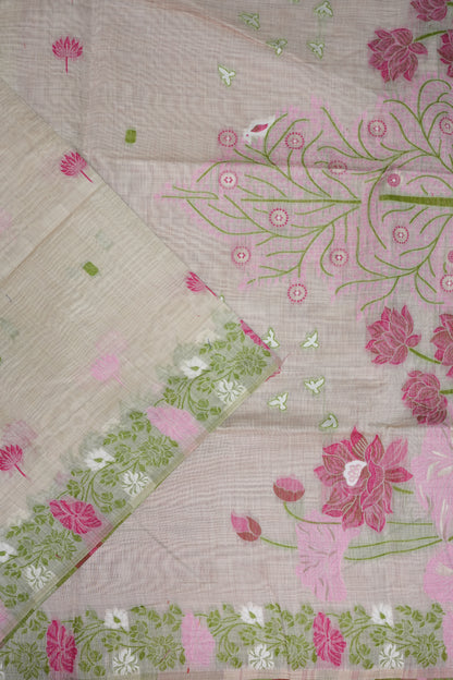 Pure Khaddi Cotton Saree with Floral & Peacock Woven Pallu – Ivory & Pink