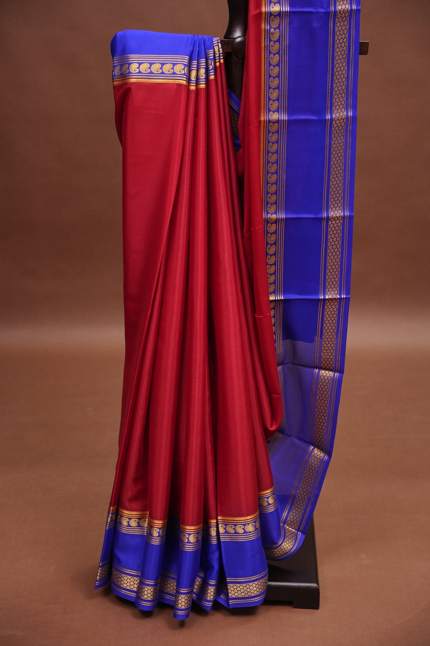 Pure Crepe Mysore Silk Saree - Deep Red & Blue