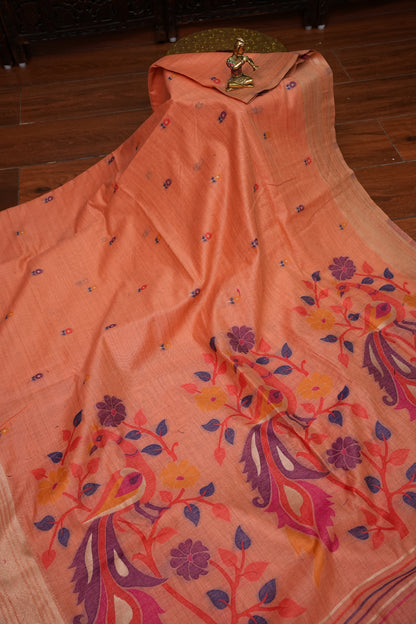 Pure Khaddi Cotton Saree with Peacock & Floral Woven Pallu – Peach
