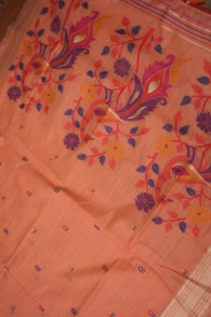 Pure Khaddi Cotton Saree with Peacock & Floral Woven Pallu – Peach