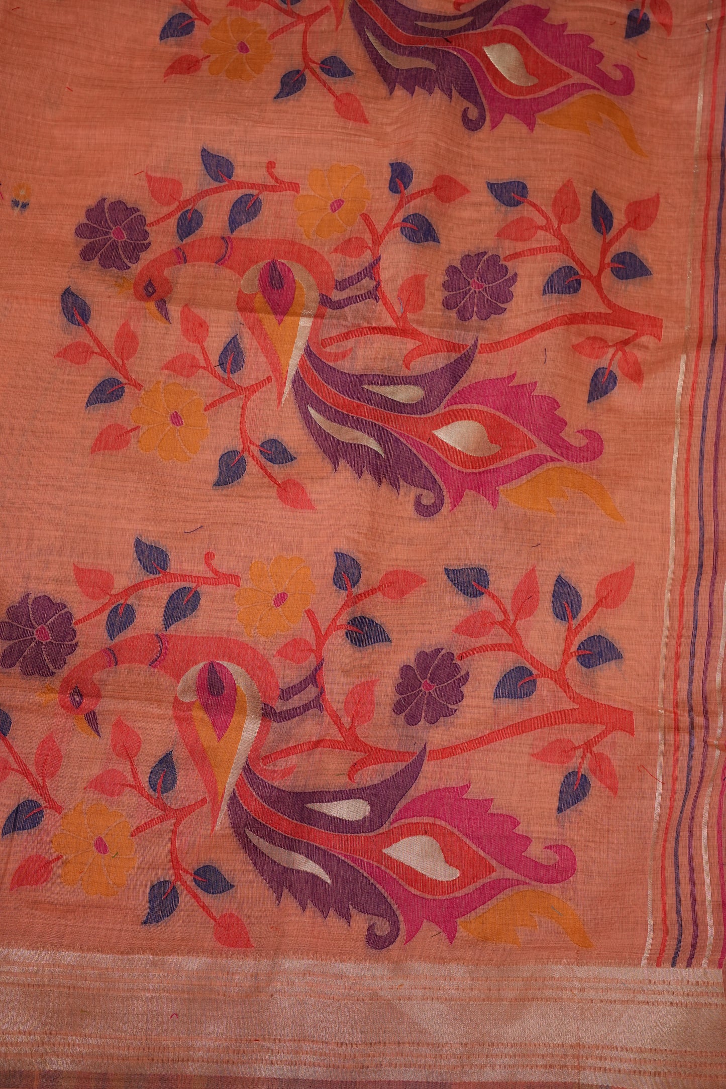 Pure Khaddi Cotton Saree with Peacock & Floral Woven Pallu – Peach