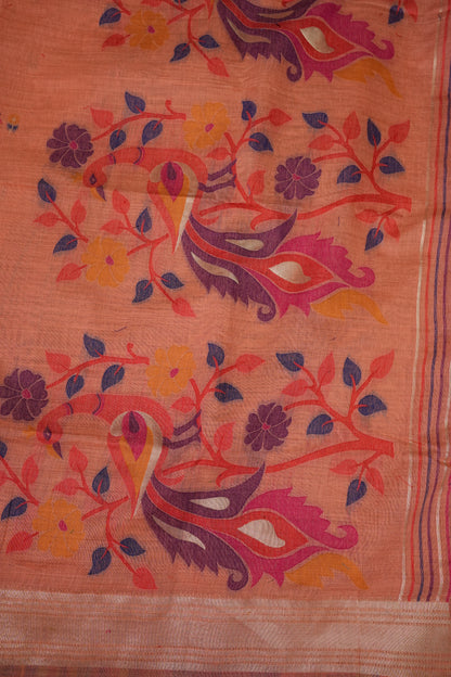 Pure Khaddi Cotton Saree with Peacock & Floral Woven Pallu – Peach