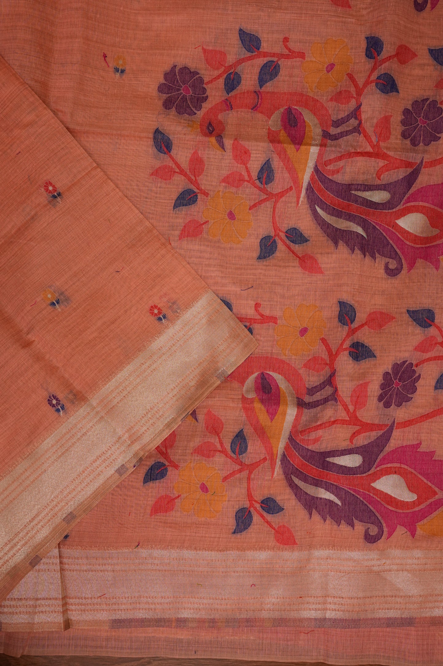 Pure Khaddi Cotton Saree with Peacock & Floral Woven Pallu – Peach