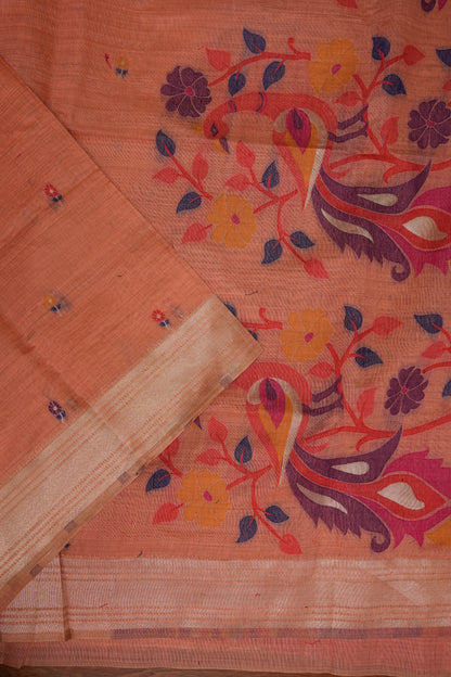 Pure Khaddi Cotton Saree with Peacock & Floral Woven Pallu – Peach