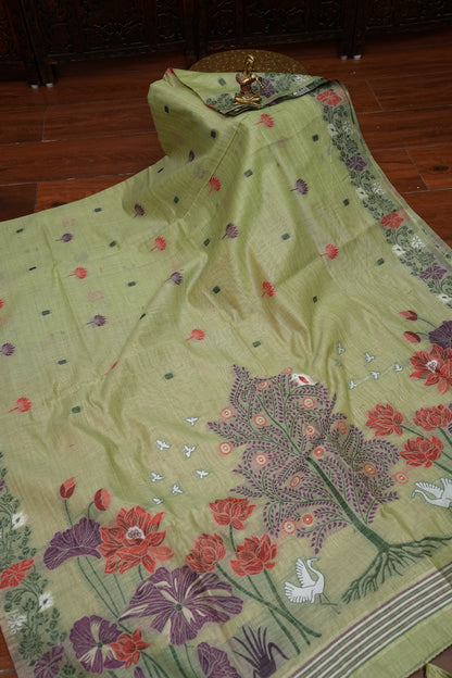Pure Khaddi Cotton Saree with Floral & Peacock Woven Pallu – Pastel Green