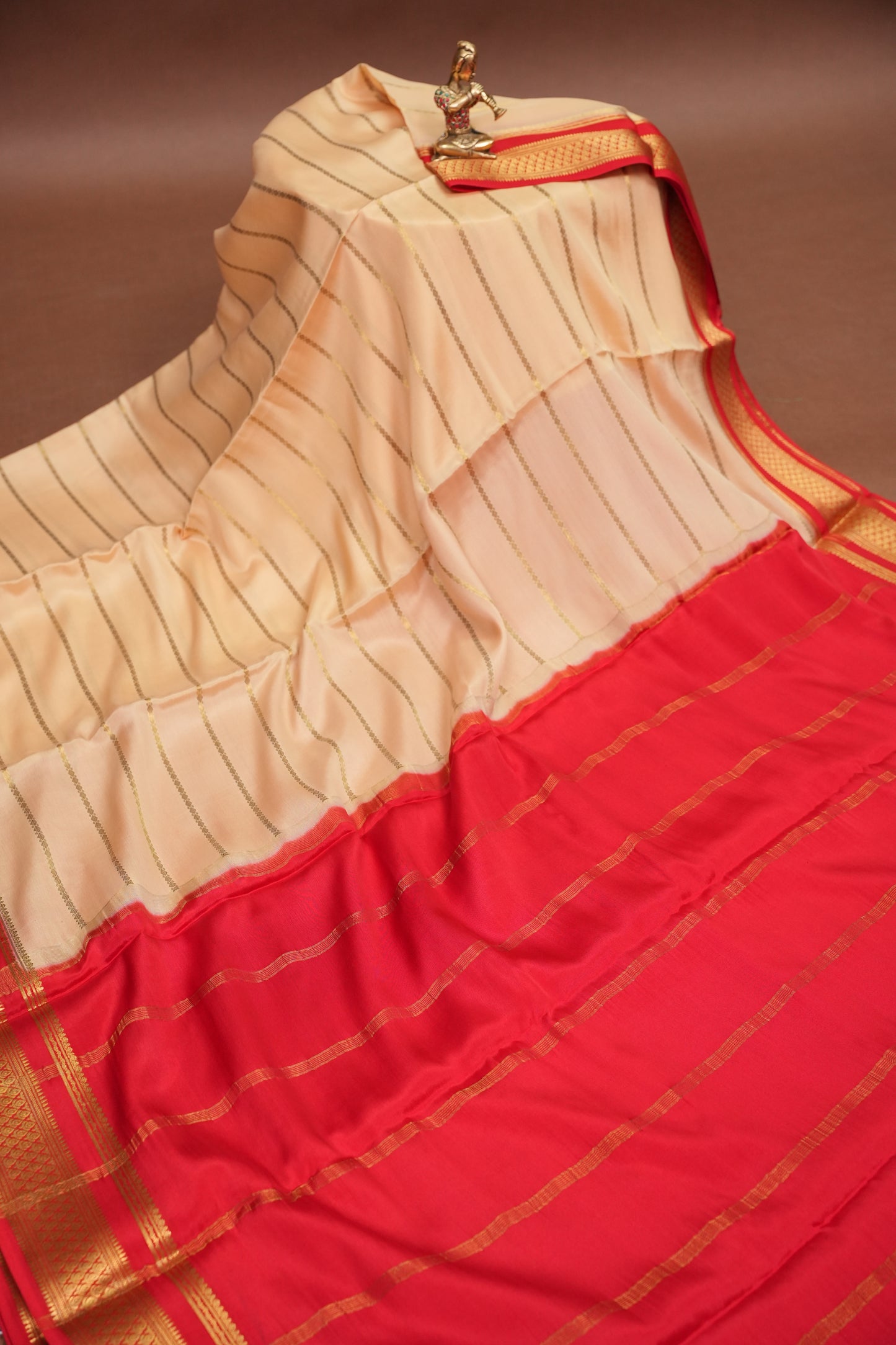 Striped Pure Crepe Mysore Silk Saree in Ivory With Contrast Deep Red Pallu & Blouse