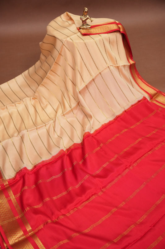 Striped Pure Crepe Mysore Silk Saree in Ivory With Contrast Deep Red Pallu & Blouse