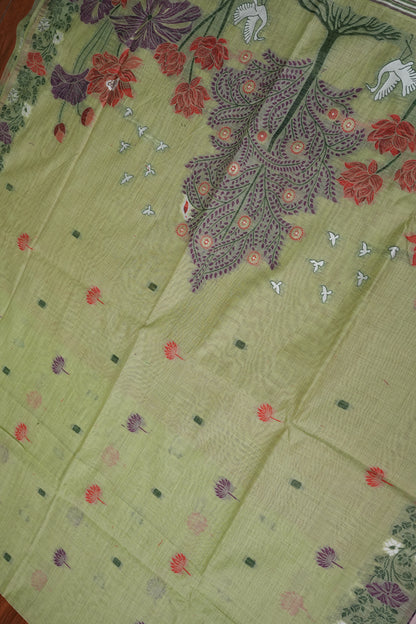 Pure Khaddi Cotton Saree with Floral & Peacock Woven Pallu – Pastel Green