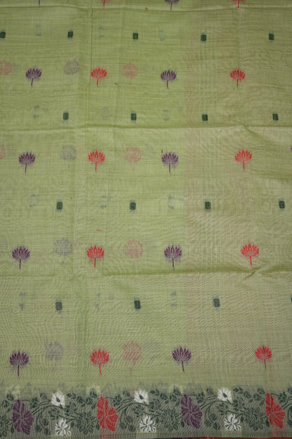Pure Khaddi Cotton Saree with Floral & Peacock Woven Pallu – Pastel Green