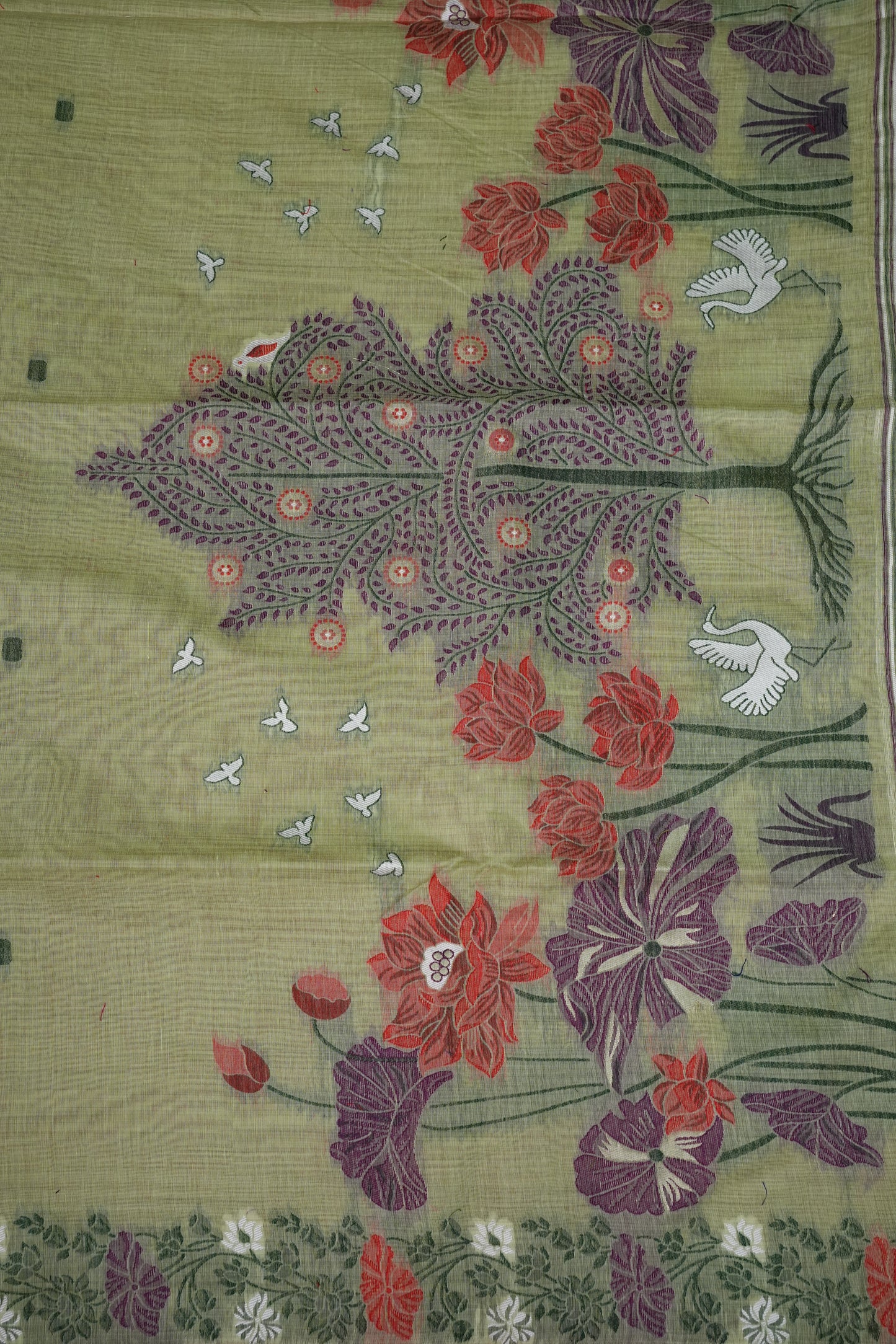 Pure Khaddi Cotton Saree with Floral & Peacock Woven Pallu – Pastel Green