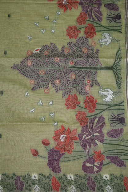Pure Khaddi Cotton Saree with Floral & Peacock Woven Pallu – Pastel Green