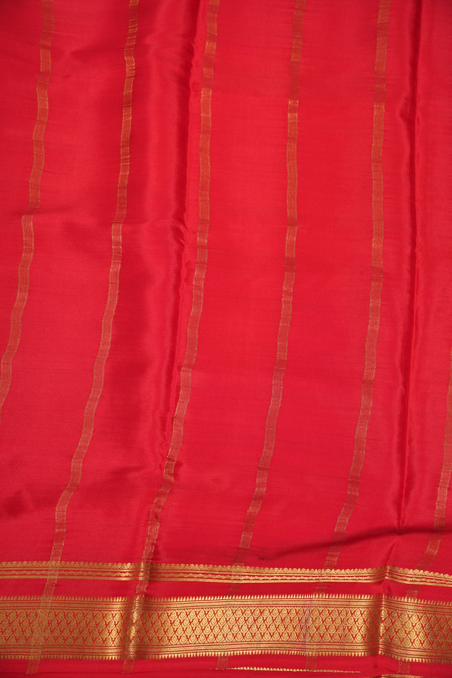 Striped Pure Crepe Mysore Silk Saree in Ivory With Contrast Deep Red Pallu & Blouse