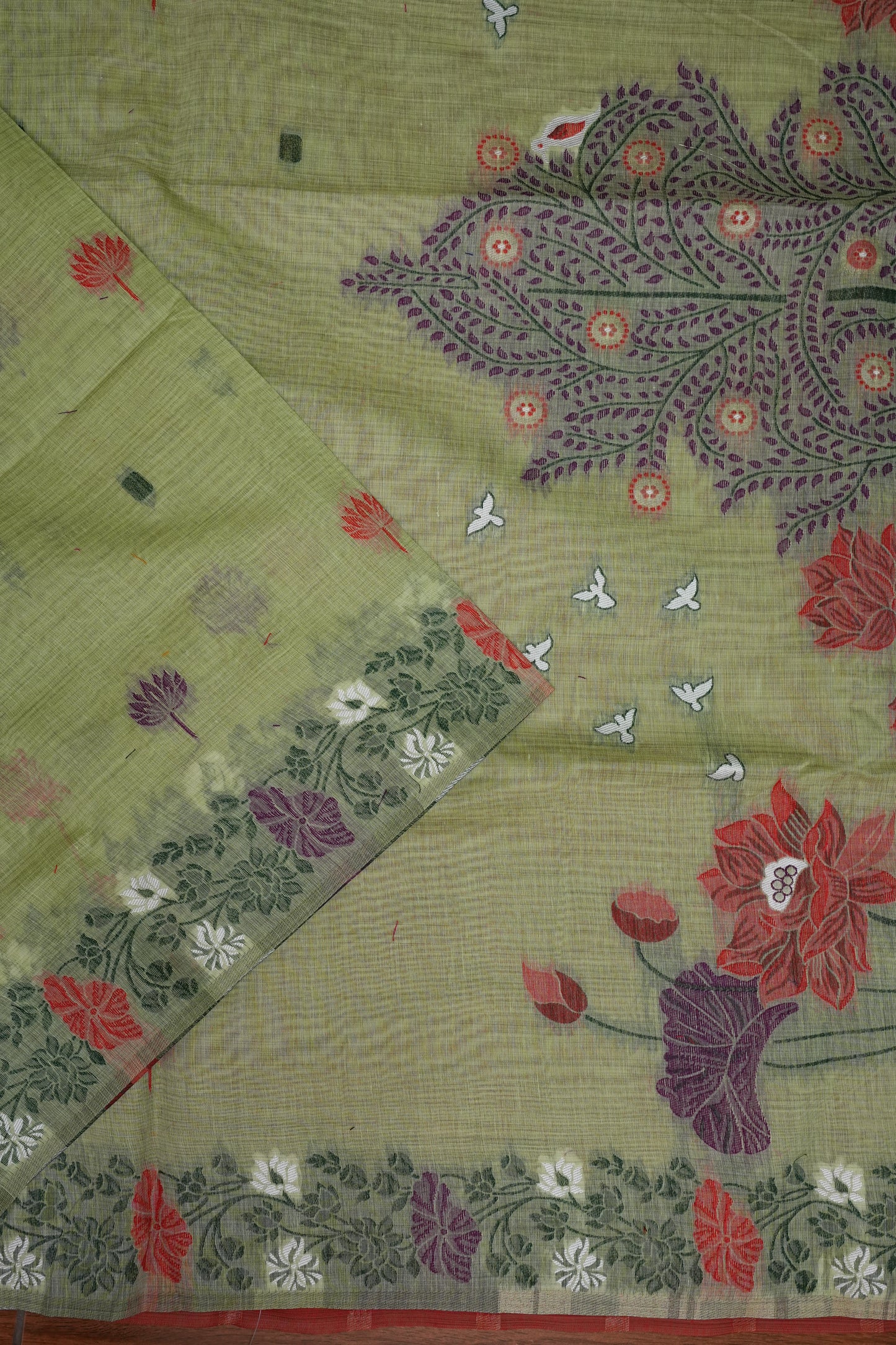 Pure Khaddi Cotton Saree with Floral & Peacock Woven Pallu – Pastel Green