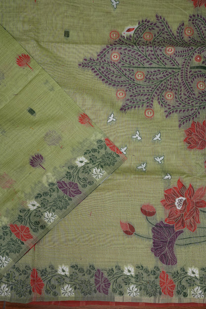 Pure Khaddi Cotton Saree with Floral & Peacock Woven Pallu – Pastel Green