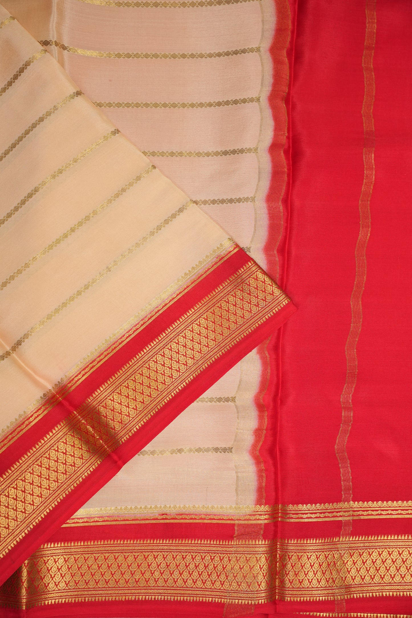 Striped Pure Crepe Mysore Silk Saree in Ivory With Contrast Deep Red Pallu & Blouse