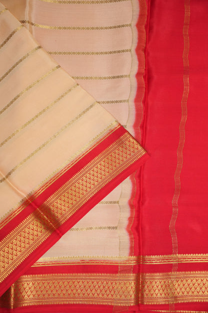 Striped Pure Crepe Mysore Silk Saree in Ivory With Contrast Deep Red Pallu & Blouse