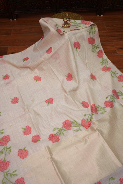 Pure Khaddi Cotton Saree with Floral Woven Pallu – Ivory & Coral Red