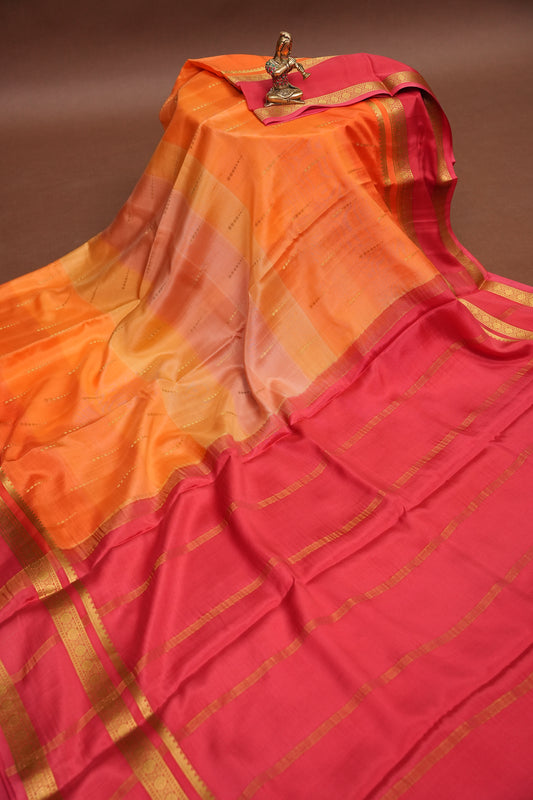 Multicolor Pure Crepe Mysore Silk Saree - Orange With Coral Pink Retta Pet Border