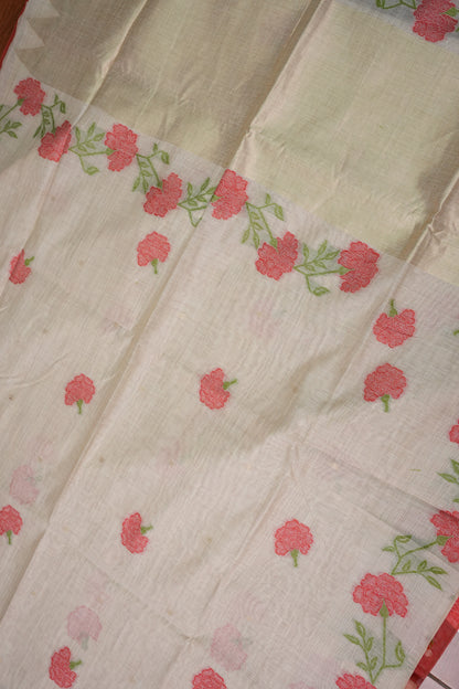 Pure Khaddi Cotton Saree with Floral Woven Pallu – Ivory & Coral Red