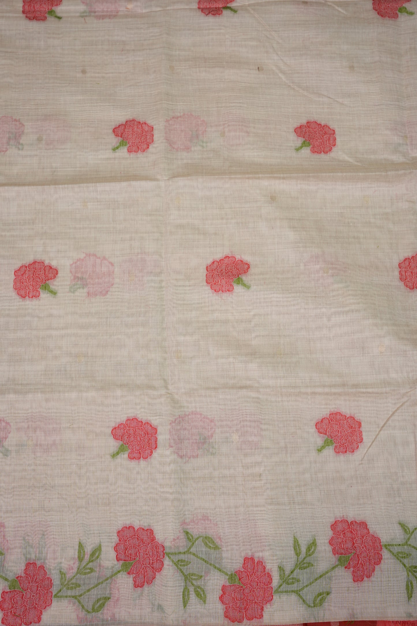 Pure Khaddi Cotton Saree with Floral Woven Pallu – Ivory & Coral Red