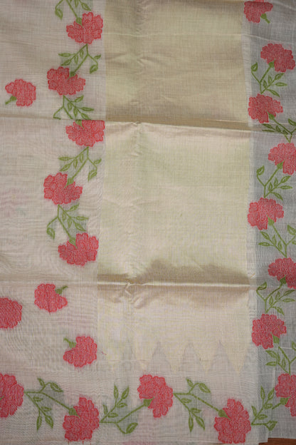 Pure Khaddi Cotton Saree with Floral Woven Pallu – Ivory & Coral Red