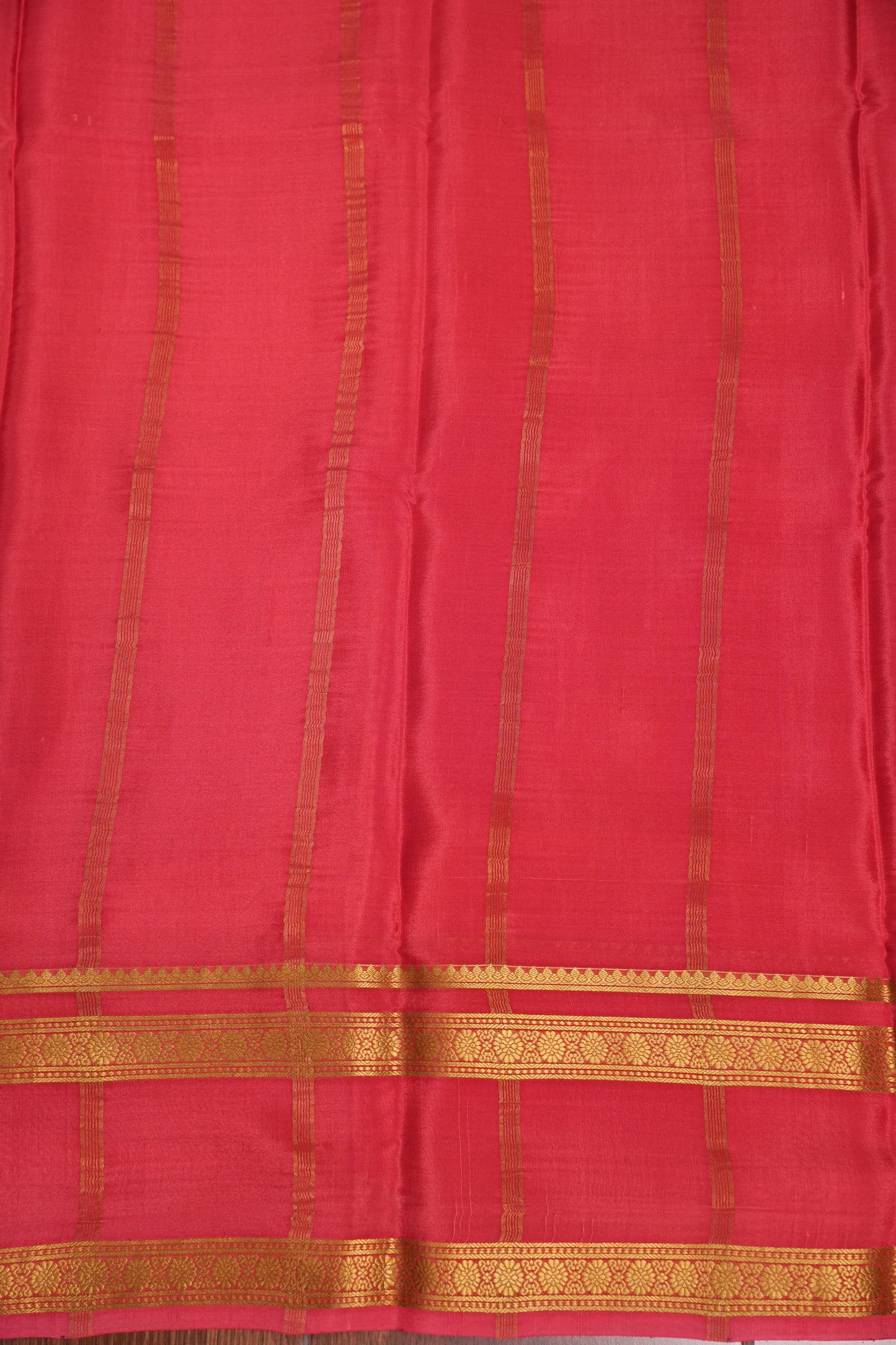 Multicolor Pure Crepe Mysore Silk Saree - Orange With Coral Pink Retta Pet Border