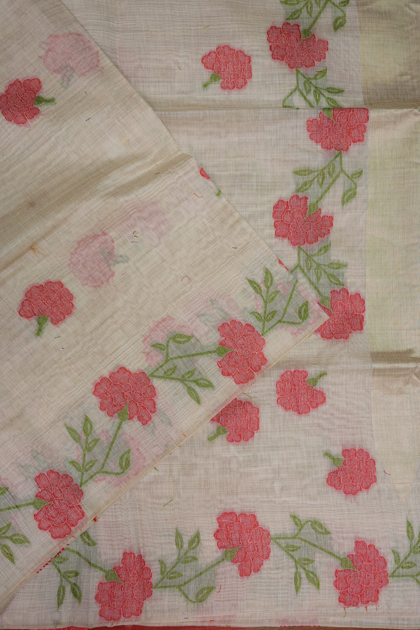 Pure Khaddi Cotton Saree with Floral Woven Pallu – Ivory & Coral Red
