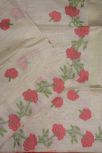Pure Khaddi Cotton Saree with Floral Woven Pallu – Ivory & Coral Red
