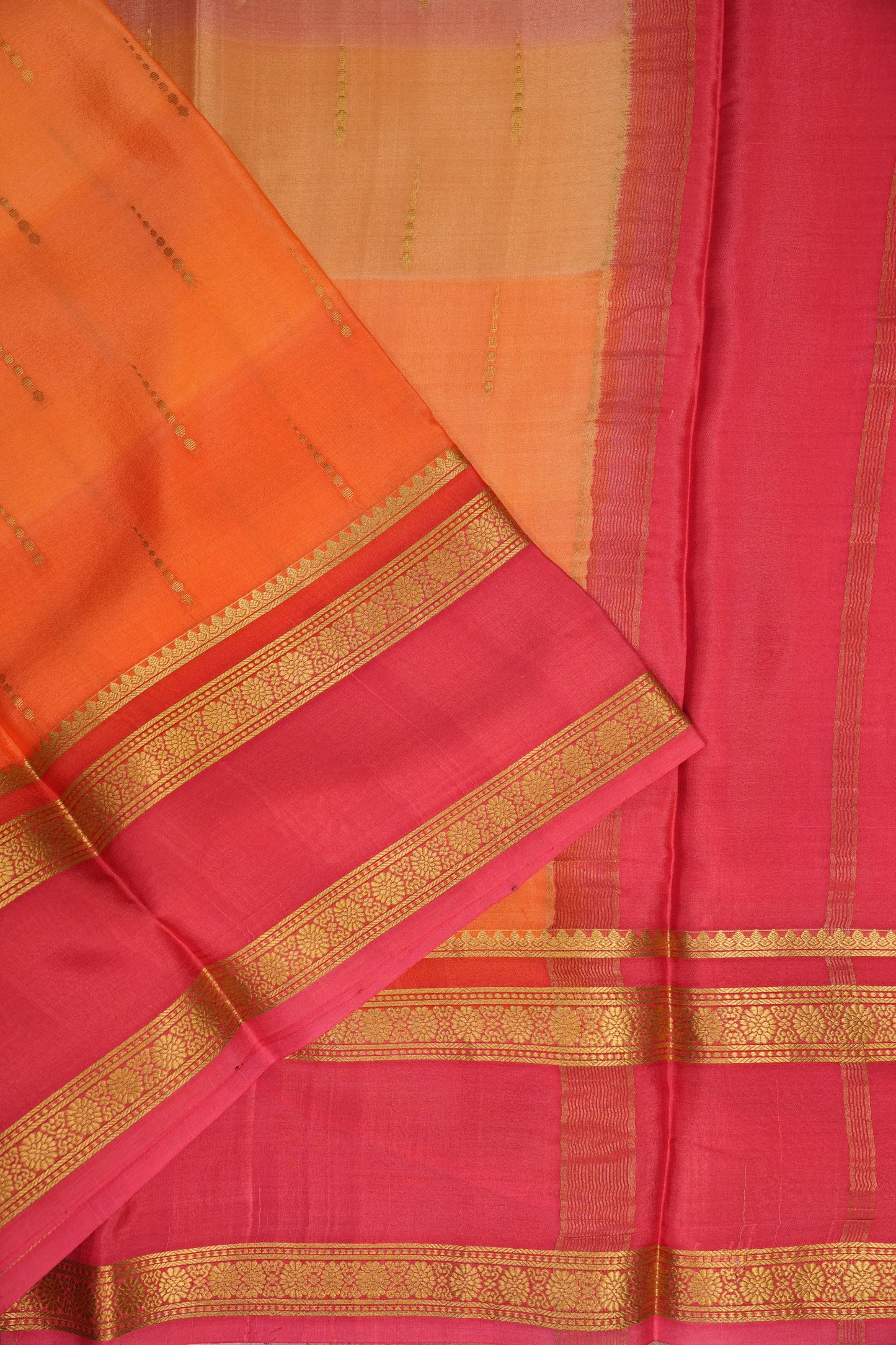 Multicolor Pure Crepe Mysore Silk Saree - Orange With Coral Pink Retta Pet Border