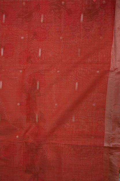 Pure Khaddi Cotton Saree with Floral Woven Pallu – Ivory & Coral Red