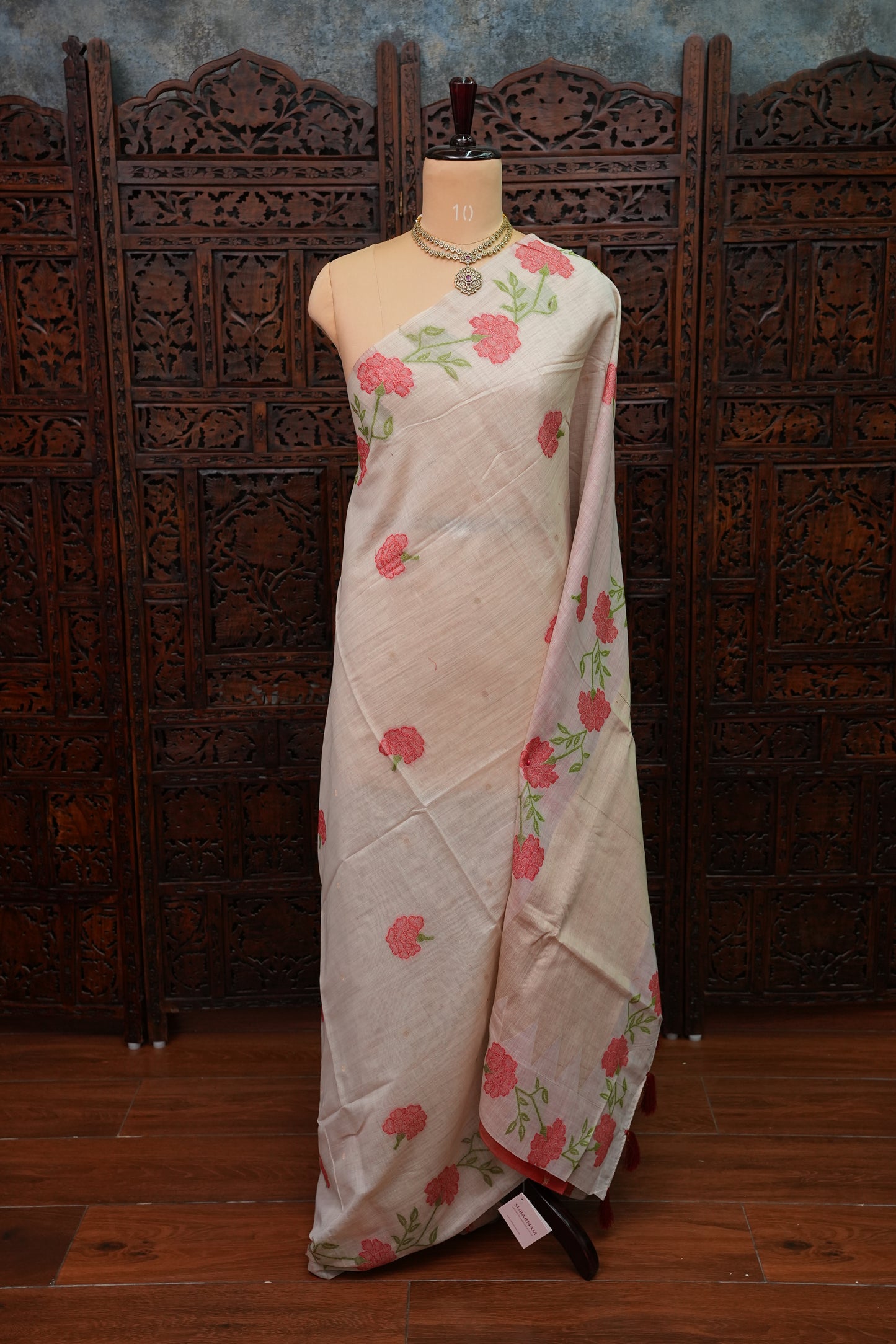 Pure Khaddi Cotton Saree with Floral Woven Pallu – Ivory & Coral Red