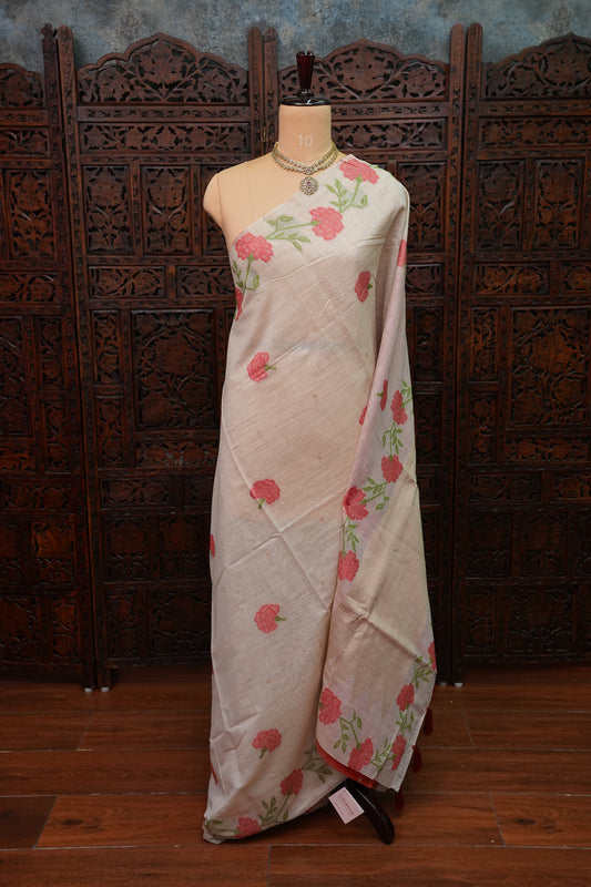 Pure Khaddi Cotton Saree with Floral Woven Pallu – Ivory & Coral Red