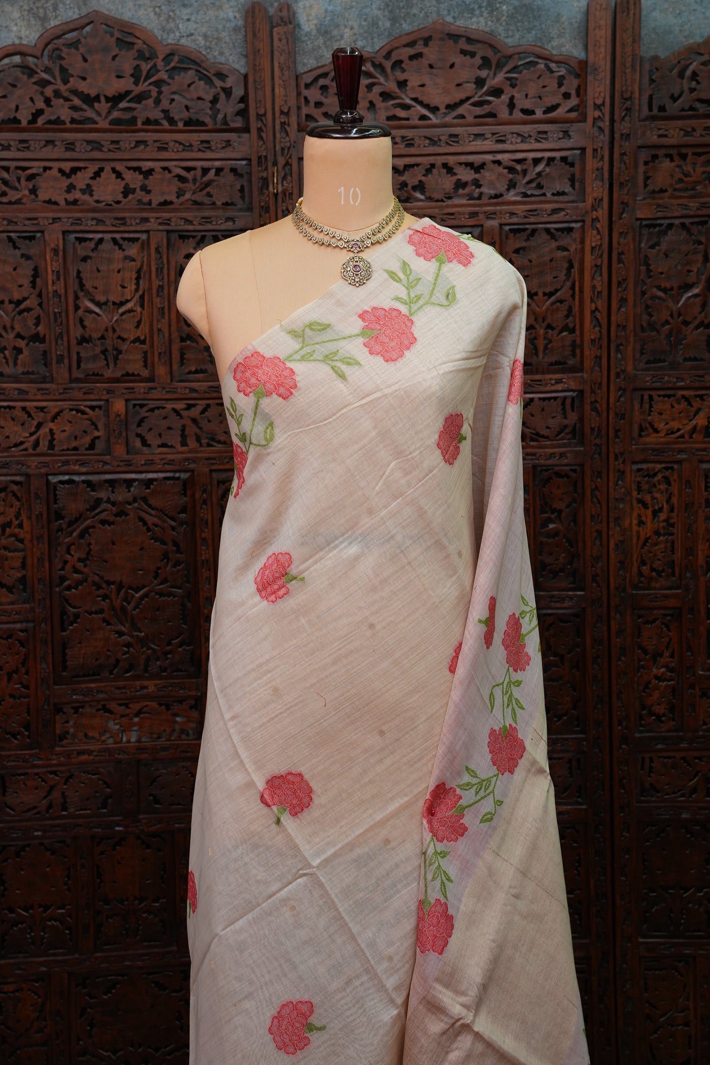 Pure Khaddi Cotton Saree with Floral Woven Pallu – Ivory & Coral Red