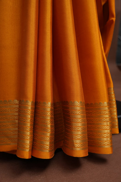 Plain Pure Crepe Mysore Silk Saree in Mustard Yellow With Contrast Bottle Green Blouse & Pallu