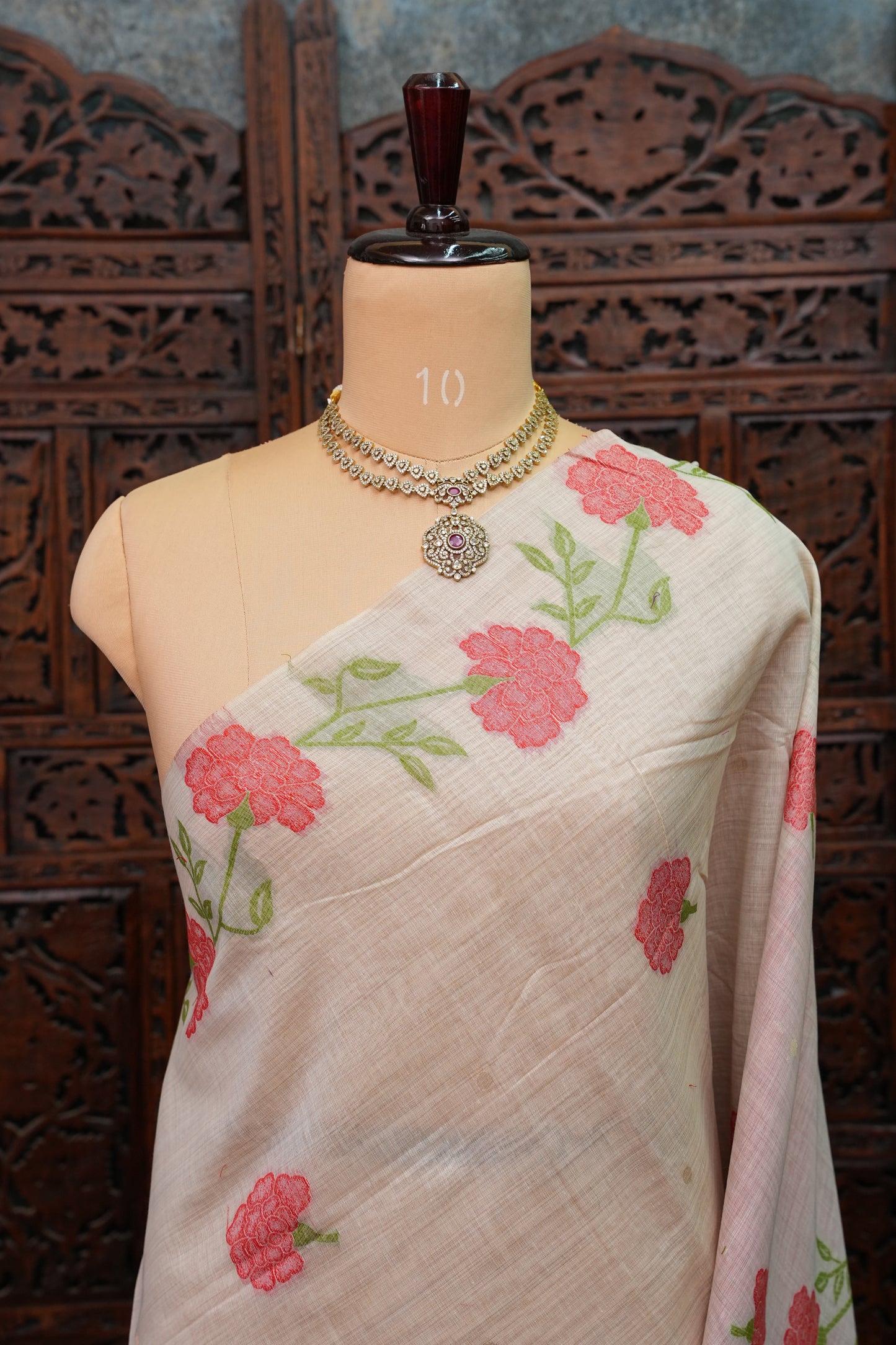 Pure Khaddi Cotton Saree with Floral Woven Pallu – Ivory & Coral Red