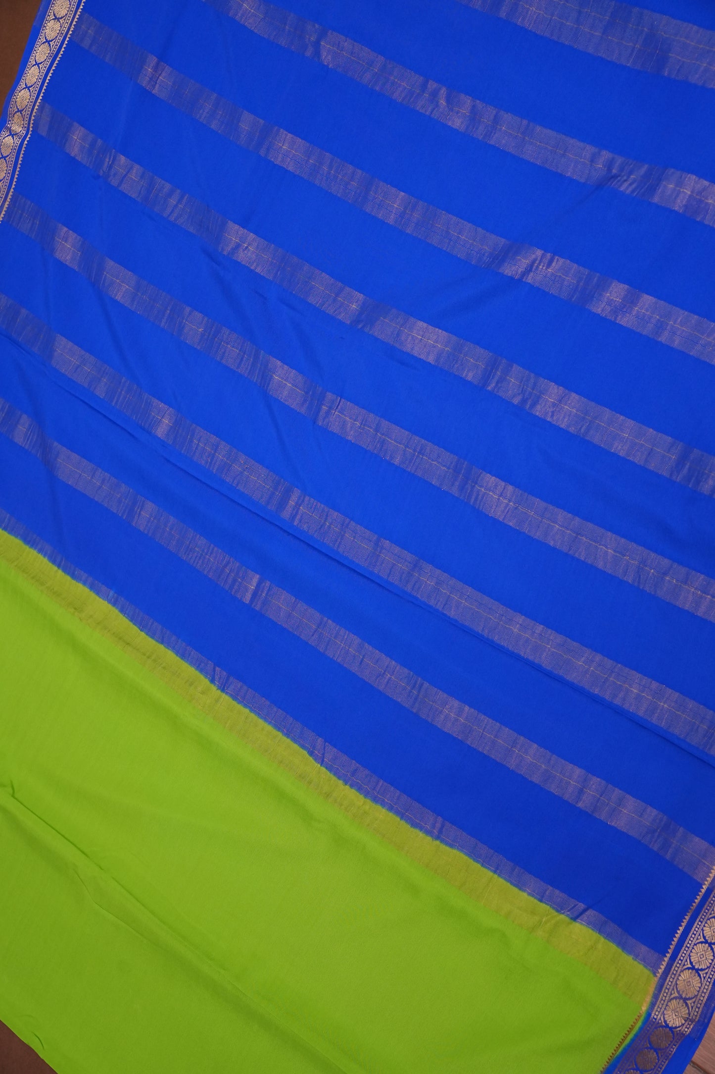Plain Pure Crepe Mysore Silk Saree in Parrot Green With Contrast Ink Blue Pallu & Blouse