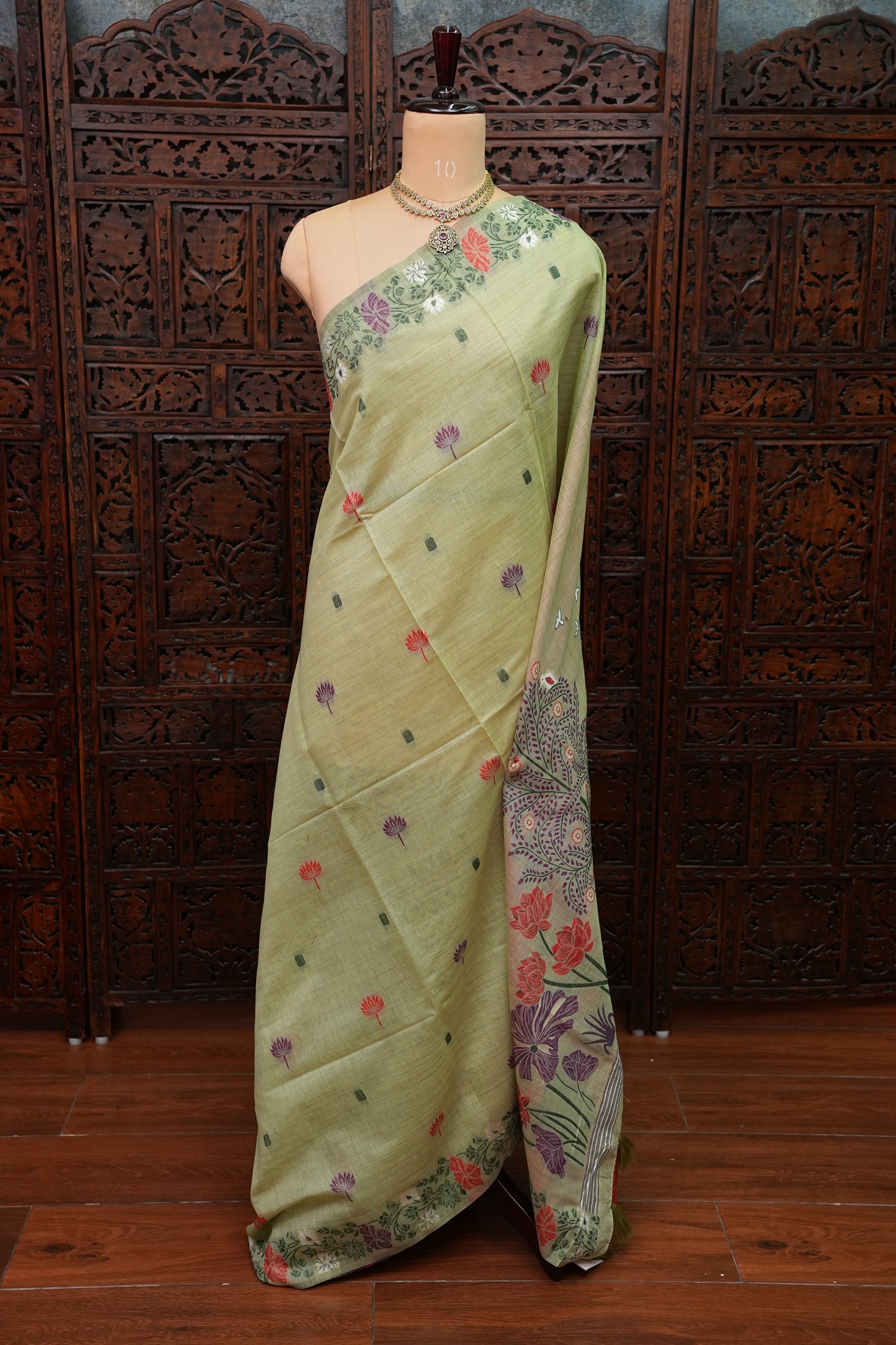 Pure Khaddi Cotton Saree with Floral & Peacock Woven Pallu – Pastel Green