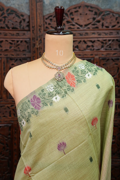 Pure Khaddi Cotton Saree with Floral & Peacock Woven Pallu – Pastel Green