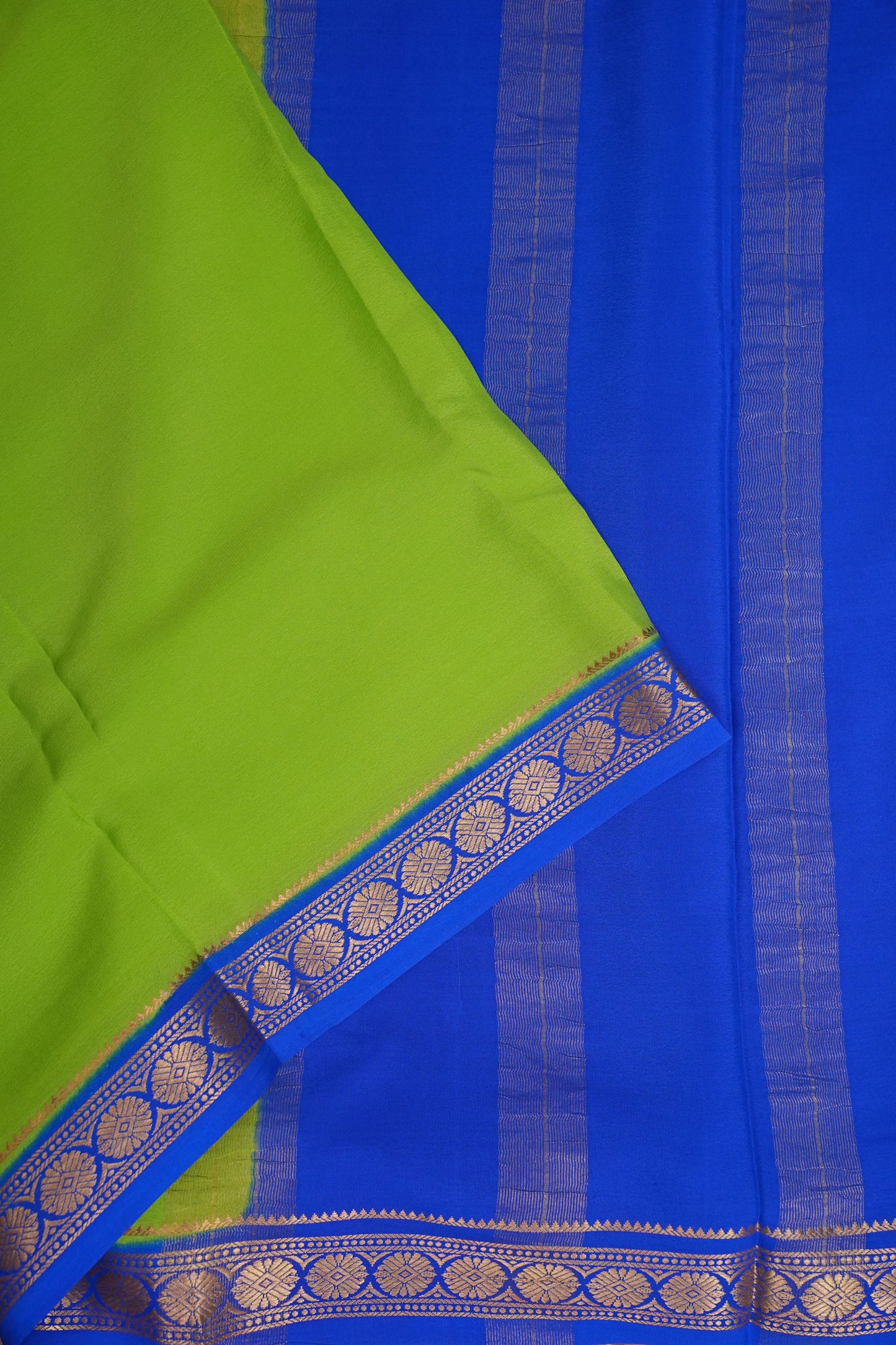 Plain Pure Crepe Mysore Silk Saree in Parrot Green With Contrast Ink Blue Pallu & Blouse