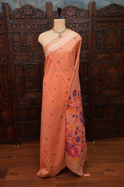 Pure Khaddi Cotton Saree with Peacock & Floral Woven Pallu – Peach